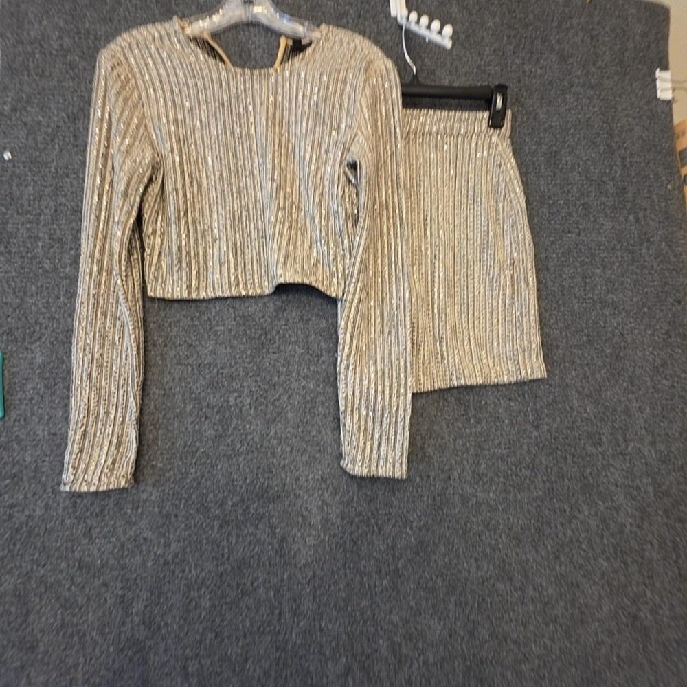 NBD Set Womens S Gold Studded Knit Sweater Skirt Crop Top Mini 2pc party READ